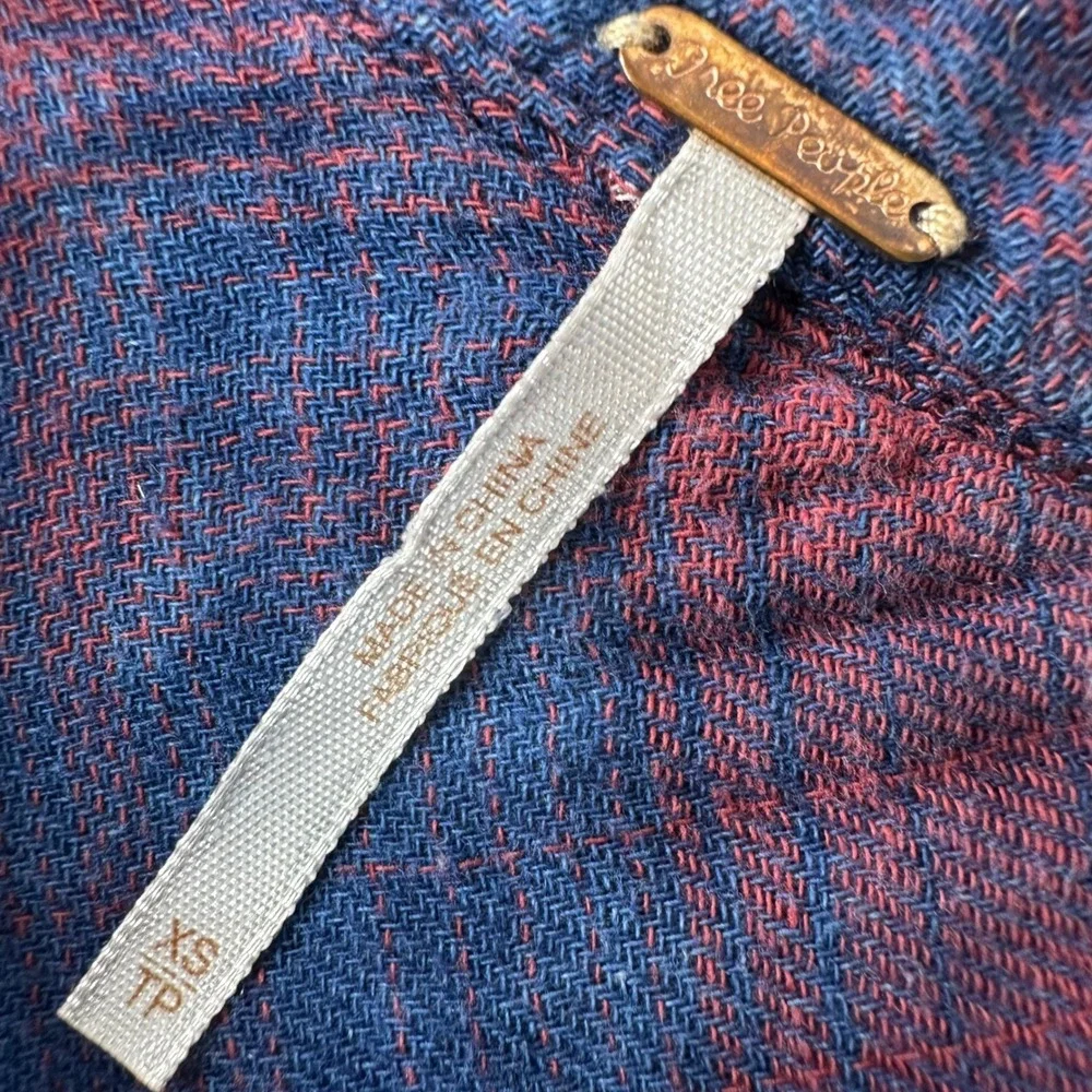 Free People Oversized Double Dip Plaid Shirt Blue Red‎ Button Up Gauzy Sz XS